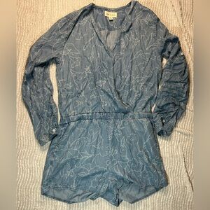 Cloth & Stone Denim Romper With Flowers Anthropologie Size Small Long Sleeve